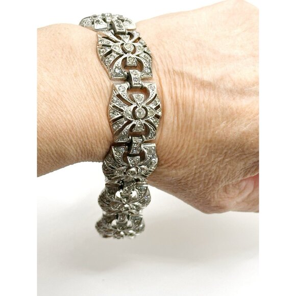 VINTAGE 1930'S KTF TRIFARI ART DECO RHINESTONE BRACELET SIGNED RHODIUM PLATED - Picture 4 of 10